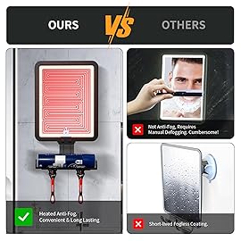 Lighted Shower Mirror Fogless for Shaving, Heated Fog Free Large 9.5*7inch 3 Color Modes Dimming Shower Shaving Mirror with Light, Rechargeable Anti-Fog Shower Mirror with Storage Tray & Razor Holders
