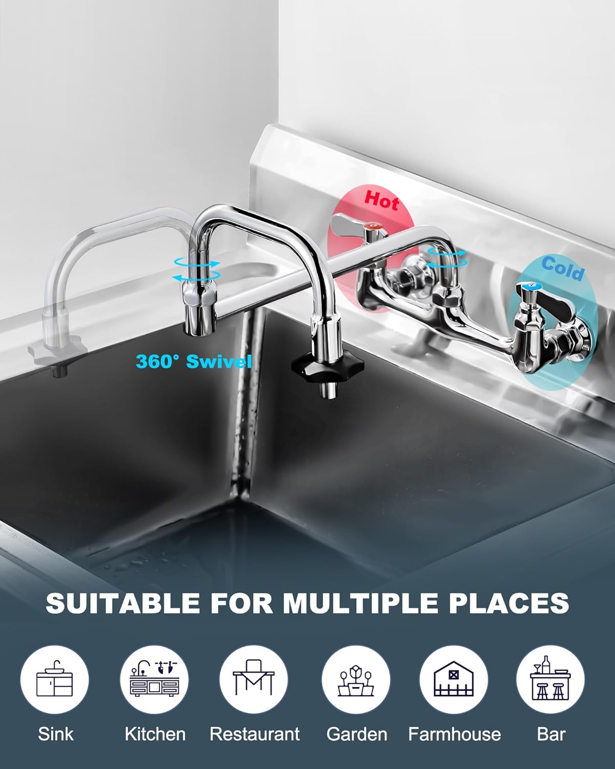 Commercial Sink Folding Faucet with 18" Swivel Jointed Nozzle, with Rotating Handle, Wall Mount Kitchen Pot Filler Faucet 8" Center Dual Handles with Double Joint Swing Arms for Restaurant Sink
