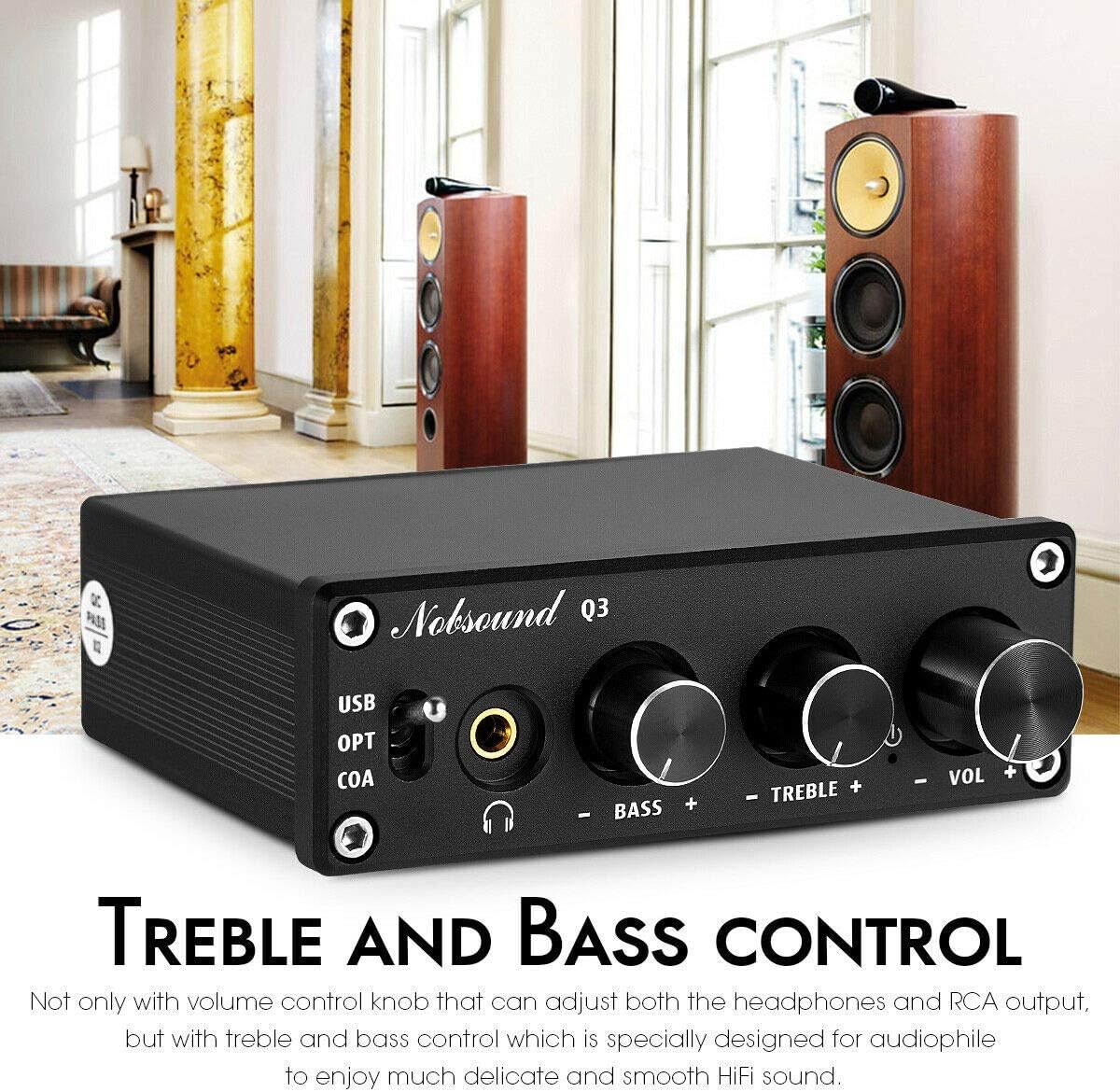 Nobsound Q3 Mini USB DAC Digital to Analog Converter Audio Adapter Headphone Amp Amplifier with Optical Coaxial Inputs & Treble Bass Tone Control - Image 4