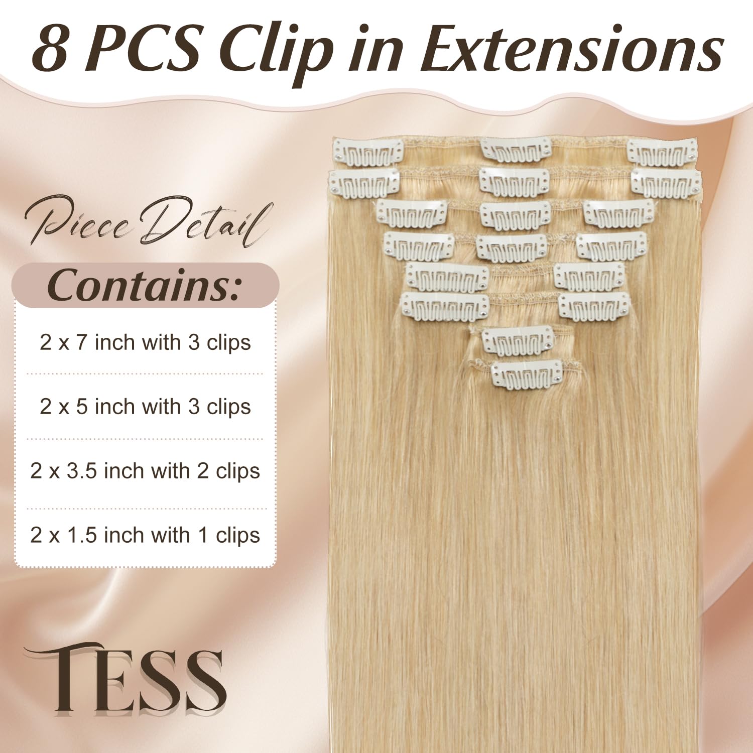 TESS Clip in Hair Extensions Real Human Hair Blonde Remy Seamless 8 Pieces Straight for Women/Girls (#24 Natural Blonde, 12 Inch 55g) - Image 2
