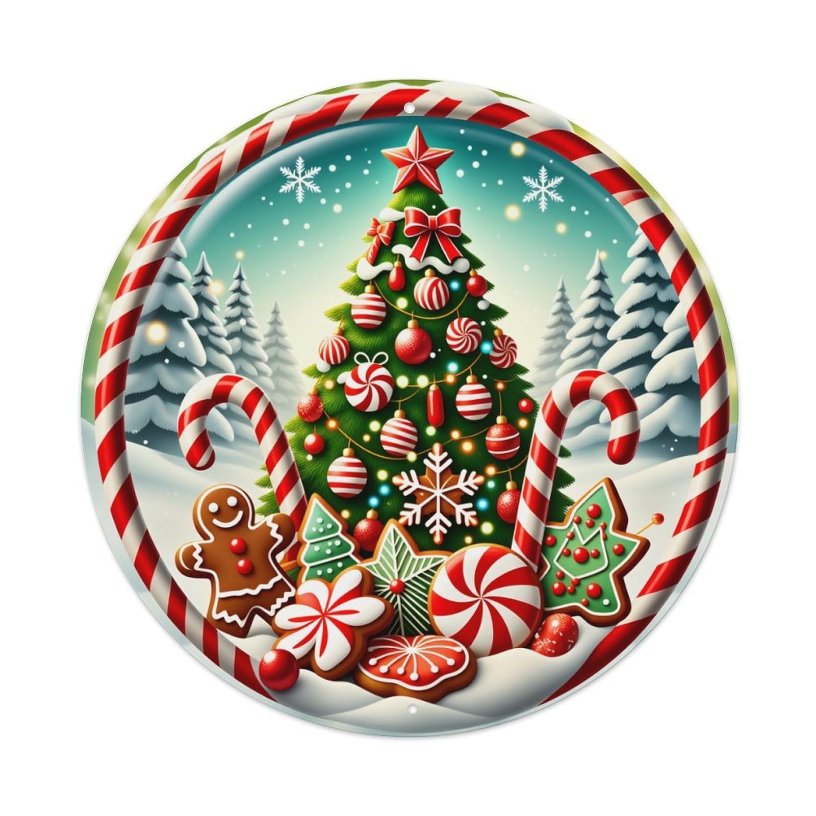 Christmas Tree Candy Canes Gingerbread Snowflakes Round Tin Sign Vintage Style Metal Sign Home Bar Garden Wall Plaque Decor Metal Poster 8x8 Inch