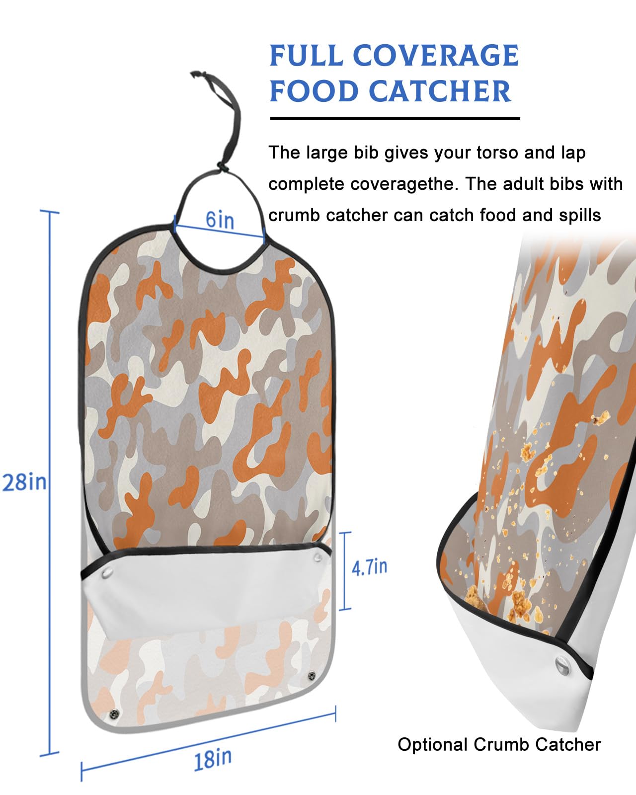 Orange Camouflage Adult Bibs for Eating, Waterproof Bibs with Food Catcher & Adjustable Snap Closure, Modern Beige Abstract Art Aesthetics Washable Clothing Protectors Adult Bibs for Elderly Women/Men