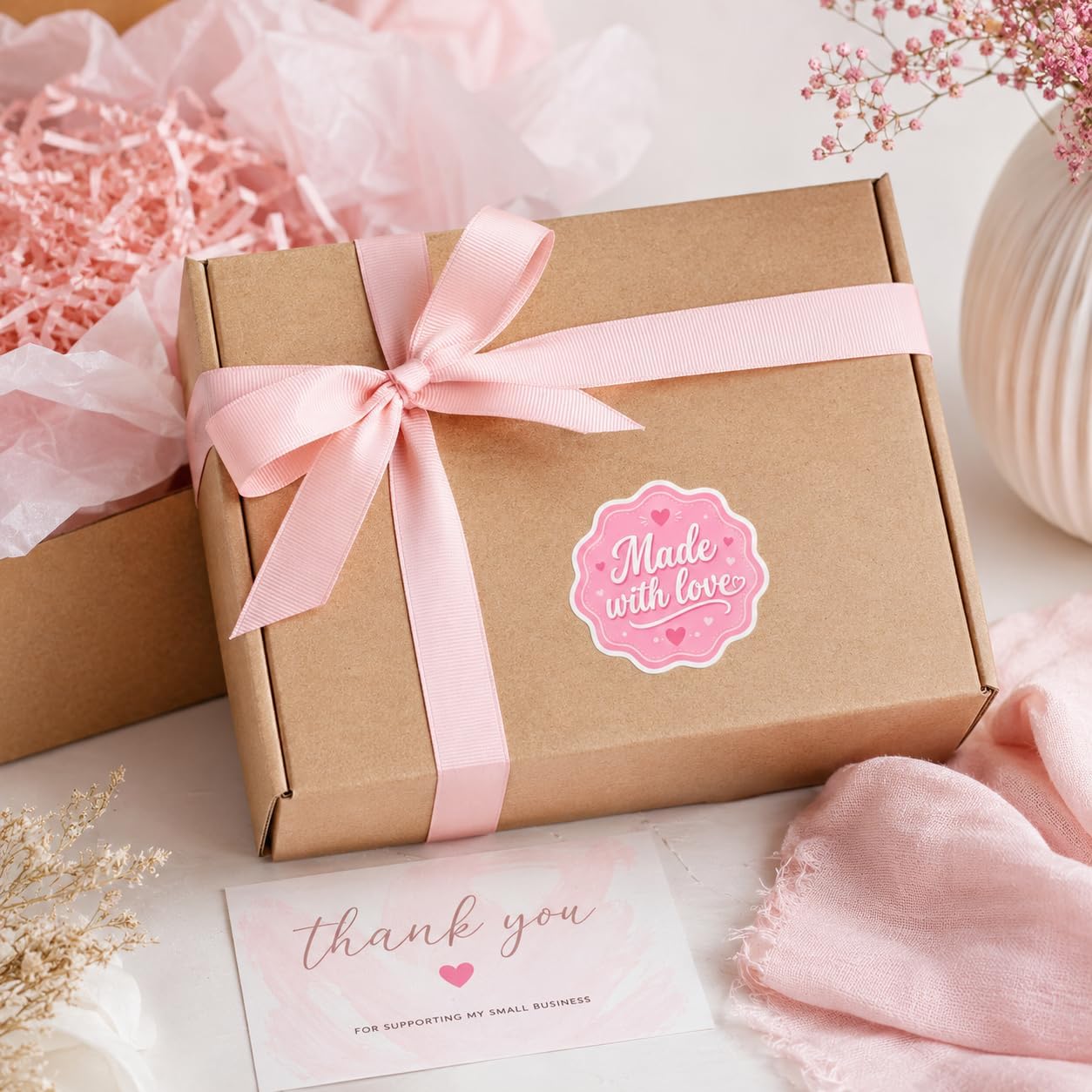 60pcs Made with Love Stickers, Pink Handmade Small Business Packaging Labels, Boutique Product Seal Stickers for Orders, Round Thank You Branding Stickers 2 Inch image 2