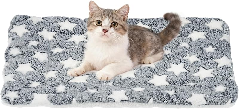 Colchonete para Cães e Gatos em Fleece Coral com Estampa de Estrelas PETAXCELL, Cinza e Branco, 58 x 46 cm