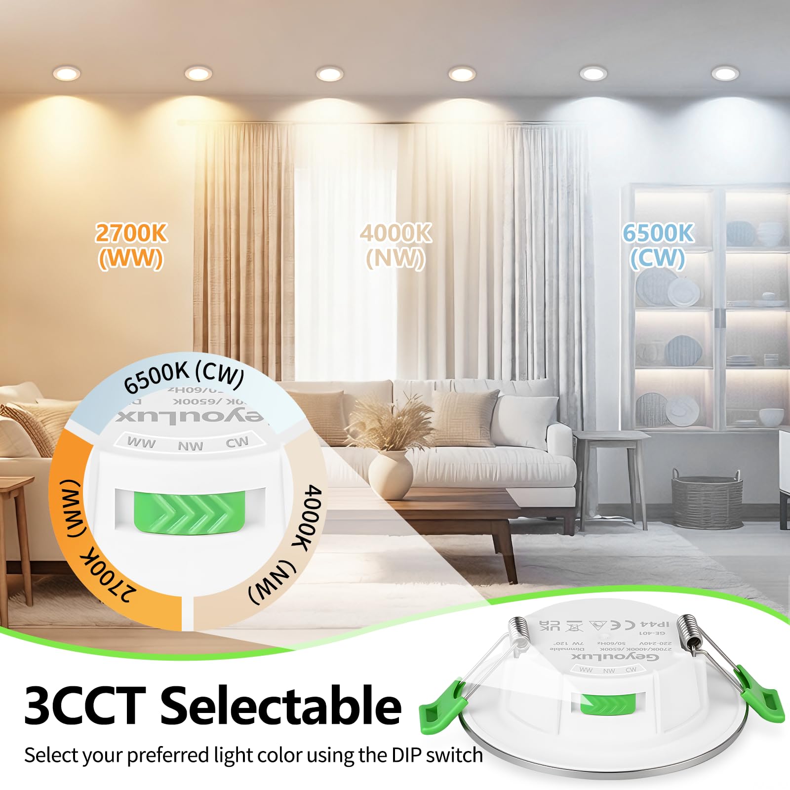 GeyouLux LED Einbaustrahler 230V Dimmbar, 7W 700LM IP44 Deckenspots, 65-75mm Lochmaß Einbauleuchten, 2700K/4000K/6500K Ultra Flach Einbauspots für Badezimmer Küche Rund Nickel LED Spots 6er Set