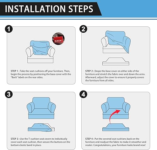 Miniatura 7 de Fundas elásticas para sillón con cojines en forma de T, 2 piezas, aspecto de cuero, protector de muebles con 1 funda individual para asiento con