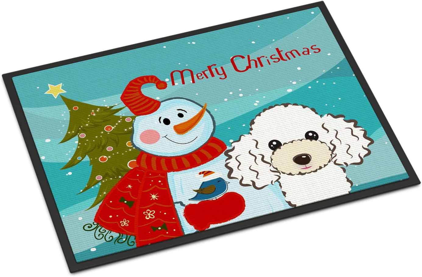 Caroline's Treasures BB1877MAT Snowman with White Poodle Doormat 18x27 Front Door Mat Indoor Outdoor Rugs for Entryway, Non Slip Washable Low Pile, 18H X 27W