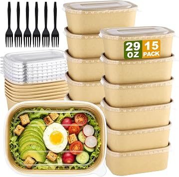 15 Pack 29 OZ Disposable Paper Food Containers with Lids and Forks | To Go Meal Prep Containers, Kraft Paper Bowls for Hot & Cold Food, Salad, Soup, Takeout, Party, Microwave and Freezer Safe