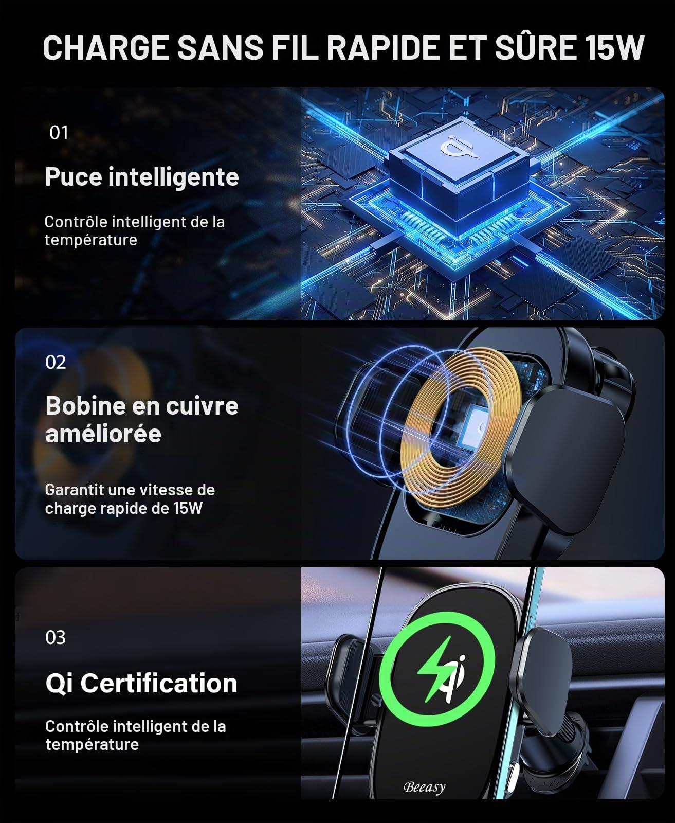 Beeasy Chargeur Induction Voiture 15W Qi, Chargeur sans Fil Voiture Rapide Porte Sortie d'air, Auto Serrage Support Téléphone Induction Voiture pour iPhone/Samsung/Xiaomi