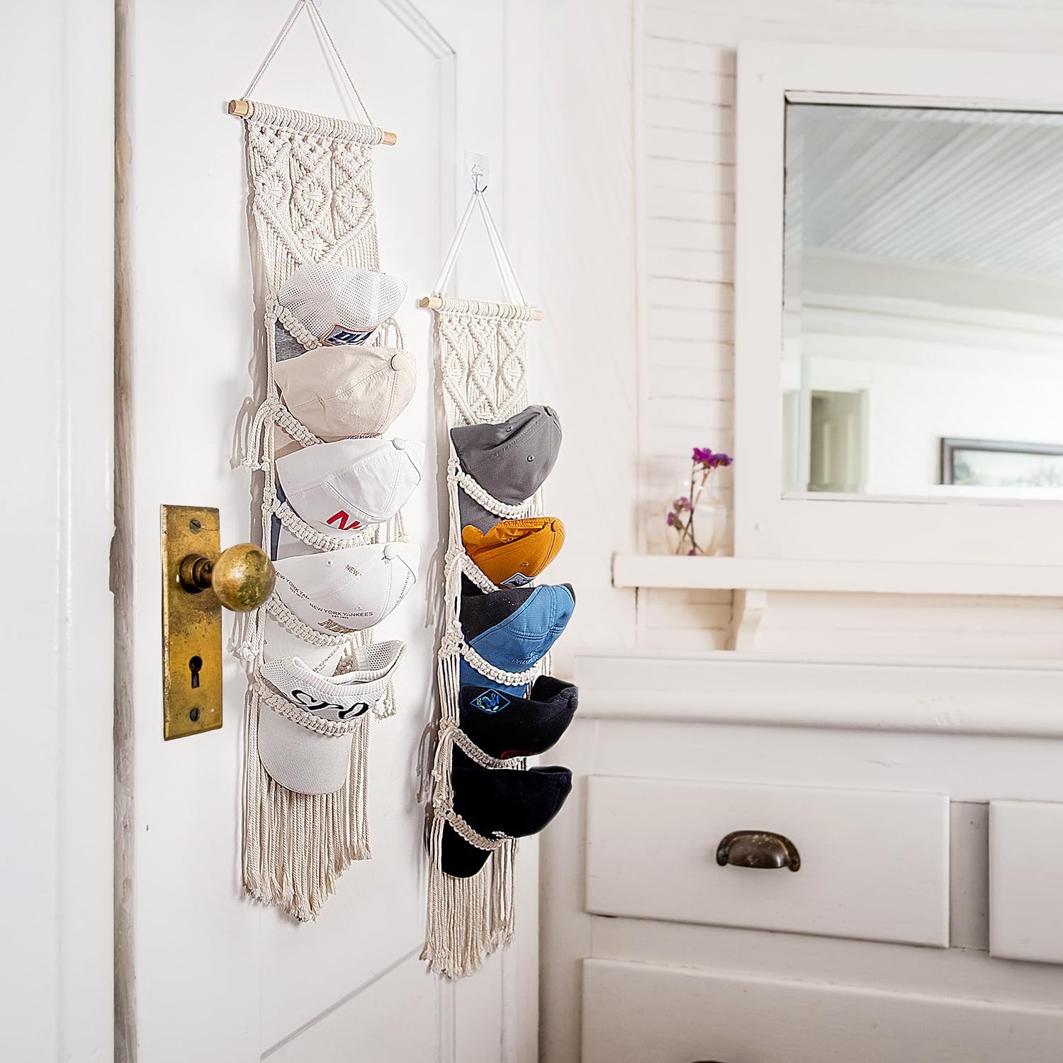 jontell Ball Cap Hanger-2 Pack-Boho Macrame Cap Holder Wall Hat Organizer for Baseball Cap Holder Over Door, Hat Rack for Wall, Cap Rack for Decoration and Display,