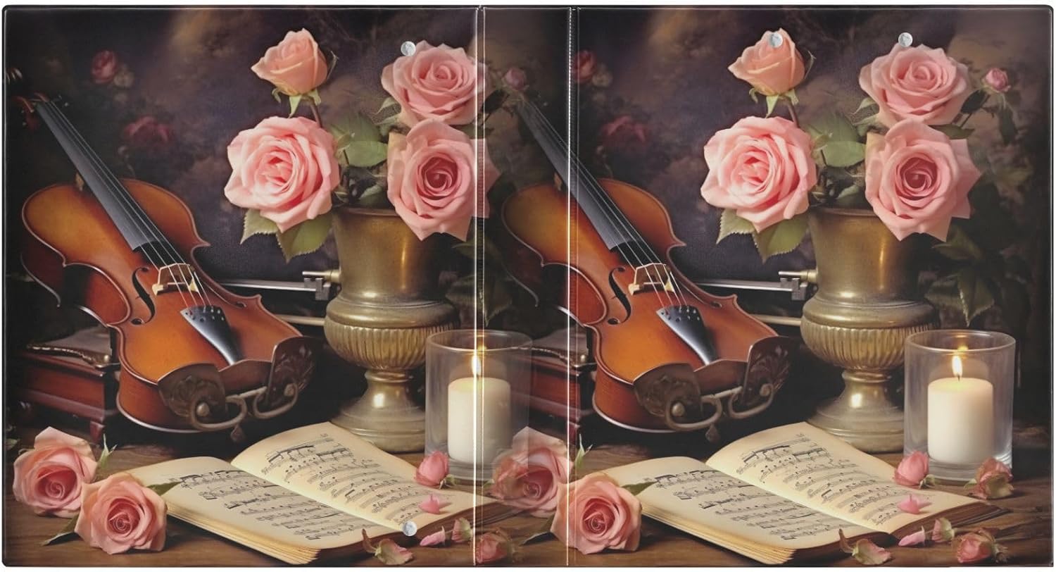 Vintage Music Roses 3 Ring Binders, Round Rings, Holds 200 Sheets, 1.5 Inch 3 Ring Binders with 3 Interior PVC Clear Pockets and Anti-Slip Metal Clip