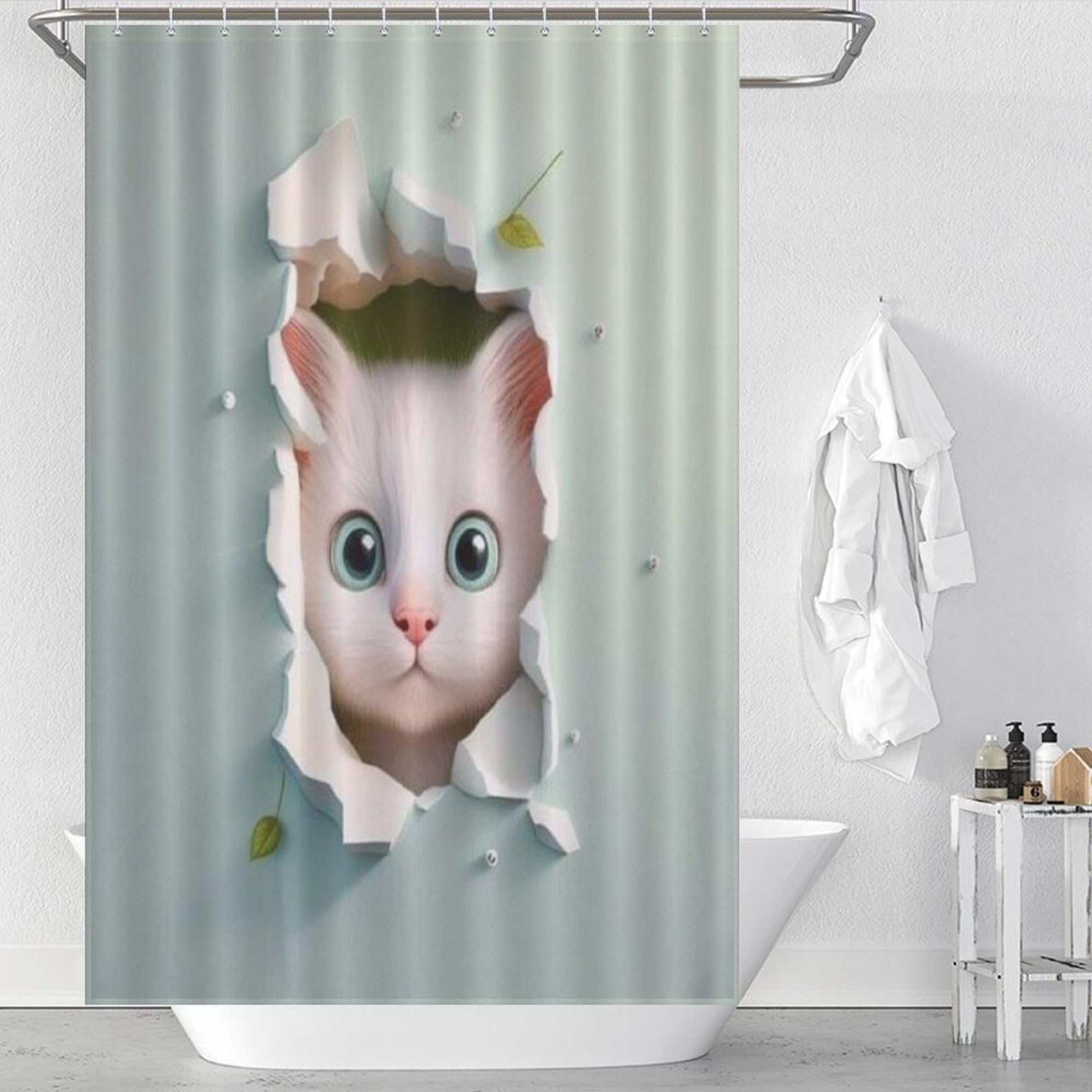 Rideau de douche imperméable avec 12 crochets rideaux de bain textile chat