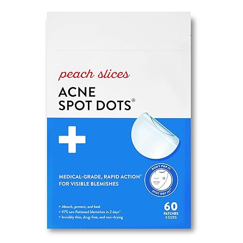 Peach Slices | Acne Spot Dots | Hydrocolloid Acne Patches | For Zits, Blemishes, & Breakouts | Vegan | Cruelty-Free | Pimple Patches | Facial Skin Care Products | 3 Sizes (7mm, 10mm, & 12mm) | 60 Ct - 60 Counts