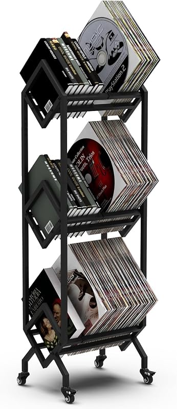 VEDECASA Ipari Stílusú Vinyl Lemez Tároló Állvány - 3 Szintes Fém Polcrendszer 150 LP Tárolására, Görgőkkel, Fekete