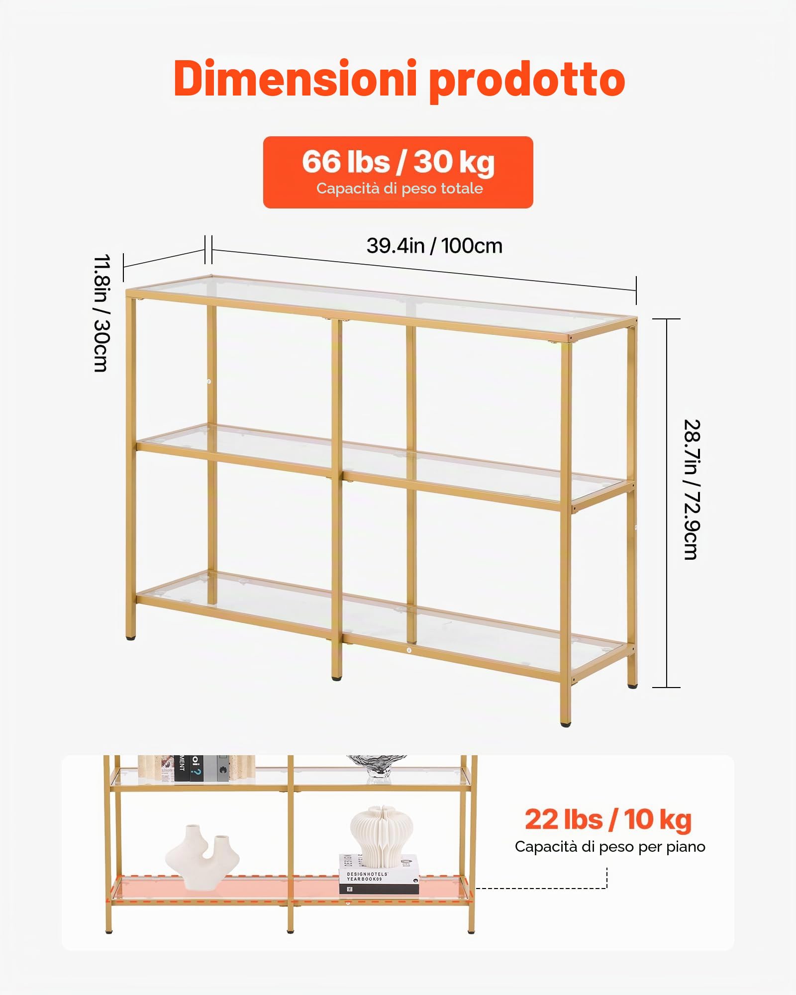 VEVOR Tavolo Consolle in Vetro a 3 Livelli 100 x 30 x 72,9 cm Moderno Tavolino Rettangolare con Piano in Vetro Temperato e Gambe in Ferro, Dispositivo Antiribaltamento per Soggiorno, Ingresso, Dorato