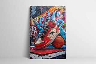 Framed Trendy Cool Banksy Graffiti Pop Sneaker Shoe & Basketball Canvas Wall Art Gym Sports Decor Poster For Living Room Bedroom Home Office Artwork Gift Ready To Hang (12''X16'')