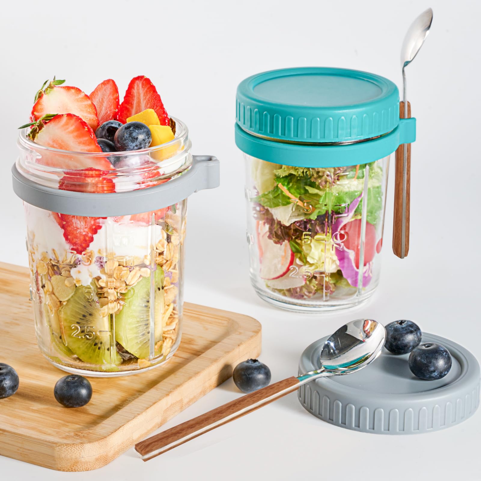 Hoa Kinh Overnight Oat Containers with Lids and Spoon 16oz 2Pack Glass
