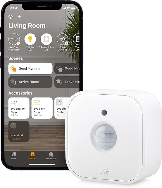 Eve Motion - Smart motion sensor with light sensor, IPX3 water resistance, notifications, automatic activation of lights and devices, no bridge required, Bluetooth, Thread, Apple HomeKit