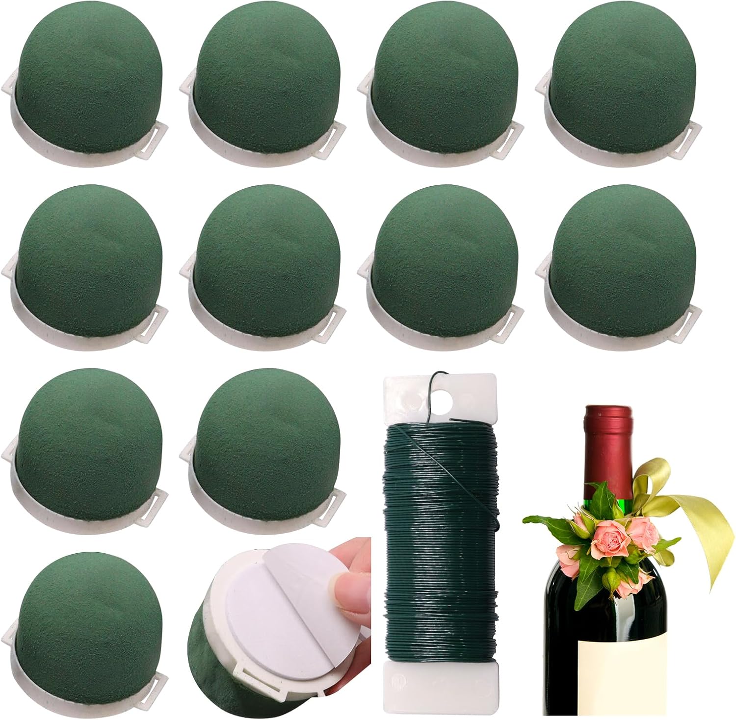 YuGtcen 12 Pack Mini Floral Foam, Green Flower Foam Holder with 1 Roll Wire