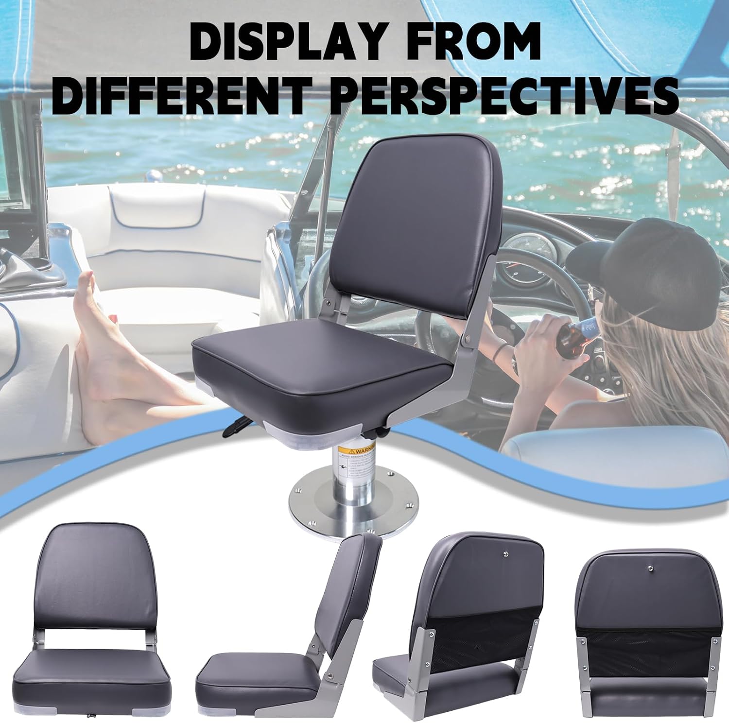 Low/High Back Folding Boat Seats - Waterproof Captain Fishing Chair for Jon/Pontoon/Canoe/Bass Tracker Boats with Storage Bag (Dark Gray)