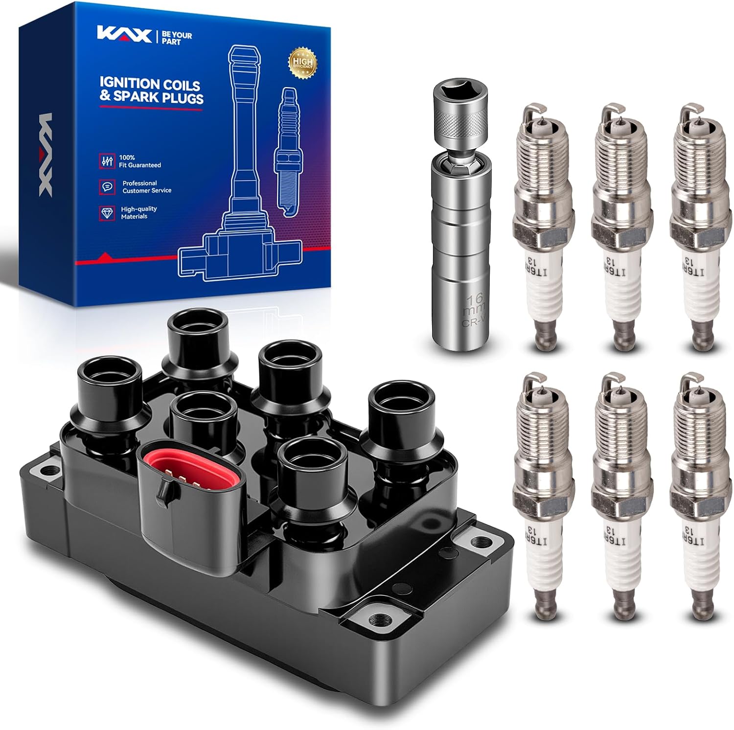 KAX Ignition Coil & 6Pcs Spark Plugs Kit w/Tool for Ford 1996-2000 Taurus,Sable,1995-2000 Contour,Mystique,Windstar, Mazda 1998-2000 B3000,2000-2001 MPV(To 10/17/00),1999-2000 Cougar