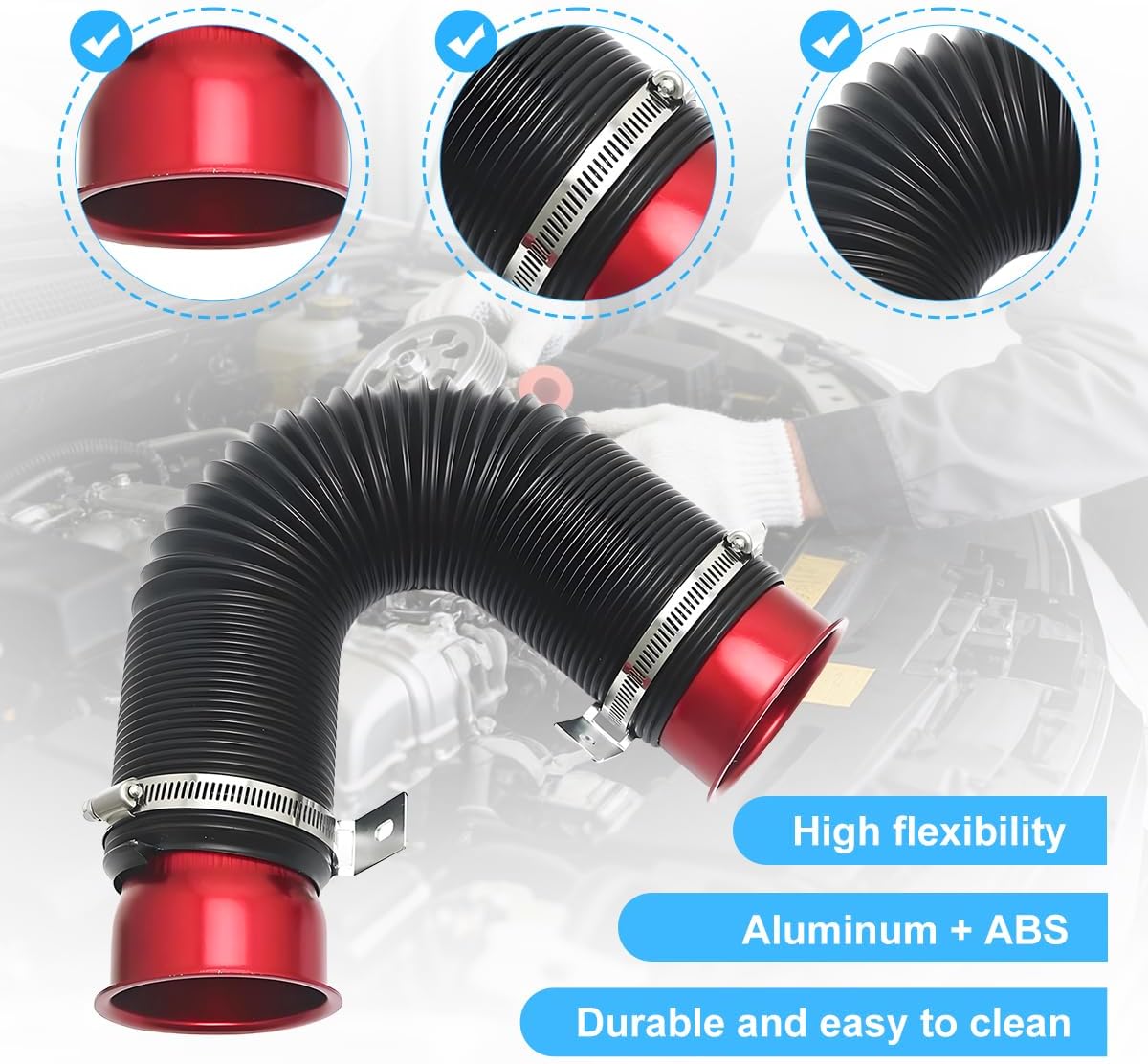 Car 3" Turbine Intake Pipe, 76mm Adjustable Flexible Vehicle Cold Air Turbo Inlet Tube Hose Filter, Automotive Fresh Air Duct Intake Pipe, Universal for Truck SUV Sedan (Red) image 3