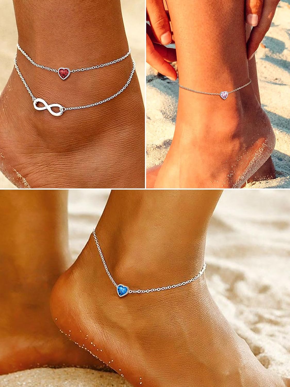 Silvora 925 Sterling Silver Anklets for Women, Dainty Heart Birthstone Ankle Beach Summer Anklet, 8.7-10.7 Inch Adjustable Anklet for Women
