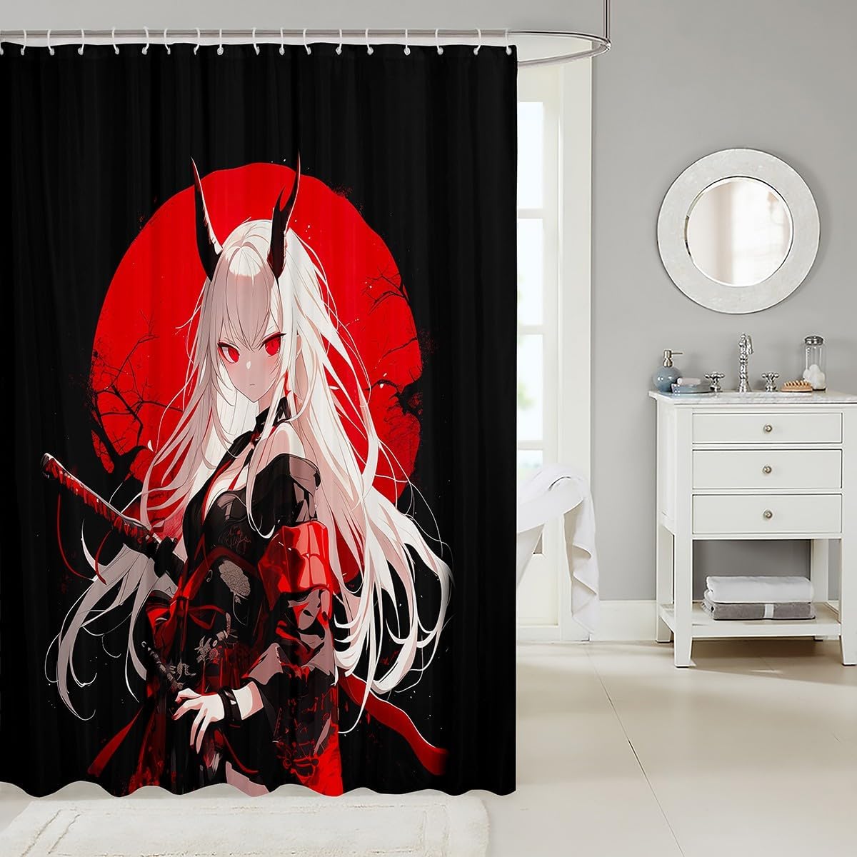 Erosebridal Japanese Anime Bathroom Accessories for Kids, Anime Girl Shower Curtain Kawaii Japanese Style Fabric Shower Curtain 72" W X 78" L Cartoon Japan Animation Waterproof Decor for Boys image 2