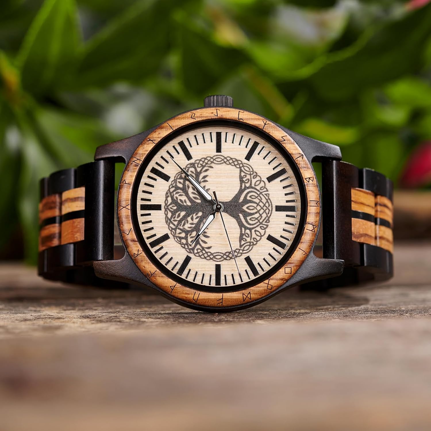 Vikingenes – Wooden Watches for Men, Engraved Wood Watch, Personalized Men's Gift, Viking Watches, Natural Wood Wristwatch, Luxury Wooden Chronograph, Custom Engraved Watch, Unique Gift for Men