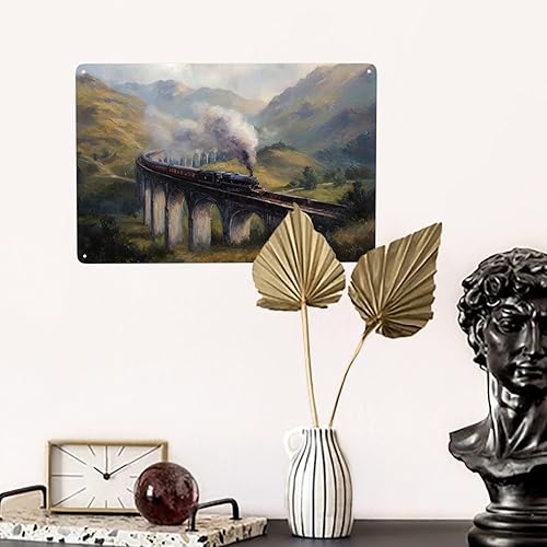 Miniatura 7 de Retro Railway Scene On Tinplate Poster Metal Signs, 6x8 Inch Decorative Wall Plaque Depicting Steam Train On Stone Bridge, Perfect For Industrial