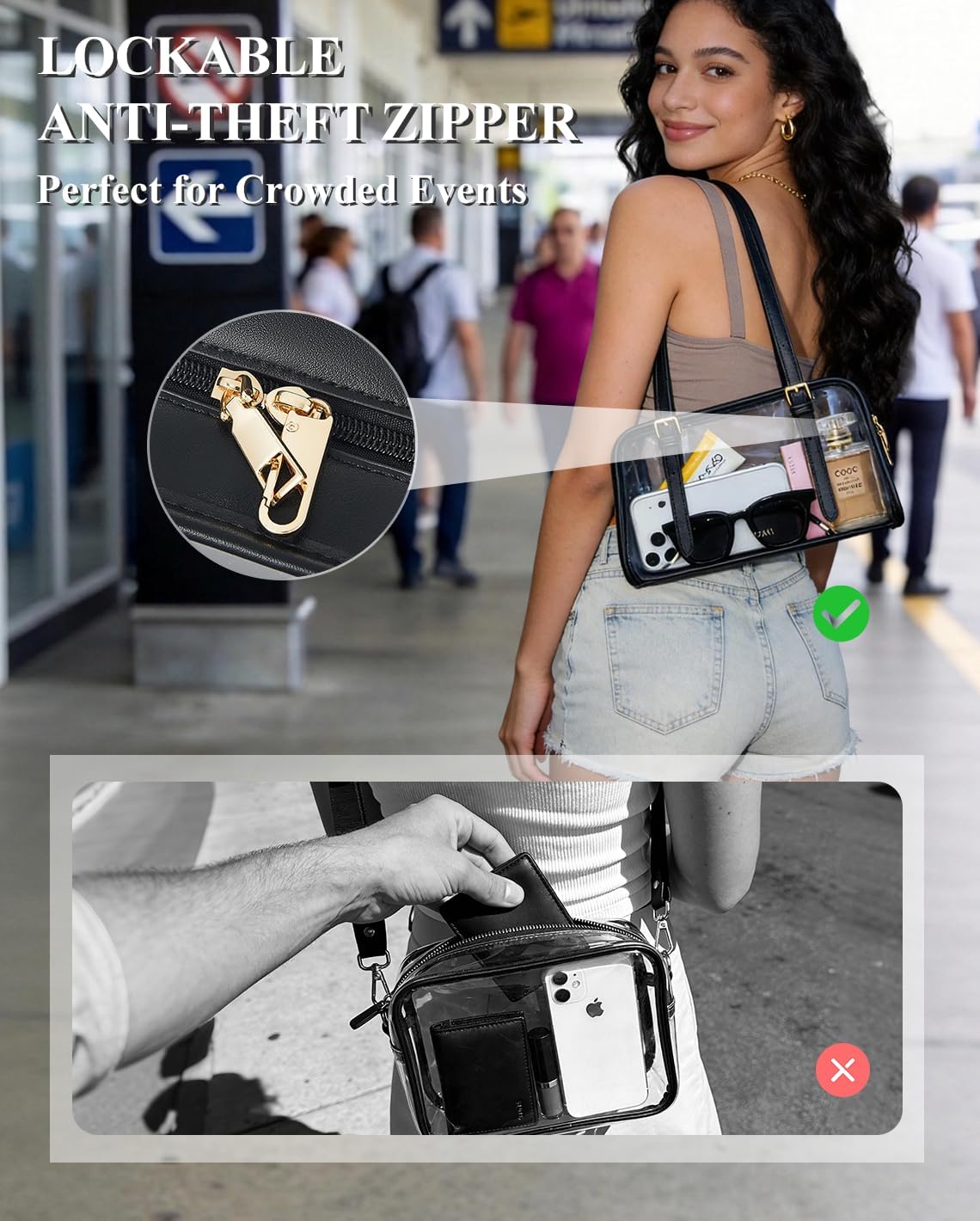 Clear Bag for Stadium Events, Women's Clear Purse Shoulder Bag with Anti Theft Zip for Gym Concert Sports Festivals | Anti Theft Zipper, adjustable strap, 0.8mm thicker pvc, bowling-shape