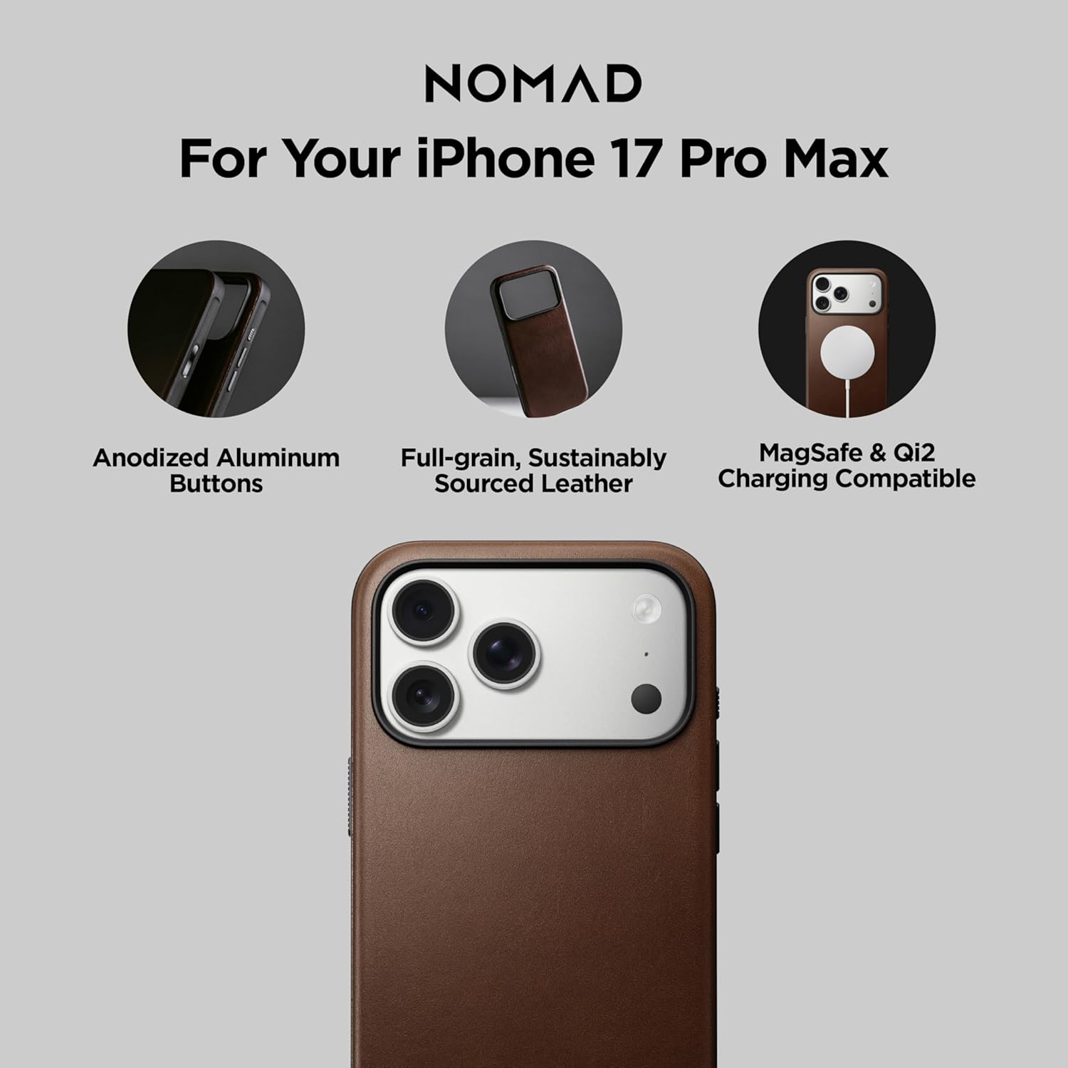 NOMAD Modern Leather Case Brown Compatible with iPhone 17 Pro Max, Leather Magsafe Charging Compatible Phone Case for iPhone 17 Pro Max