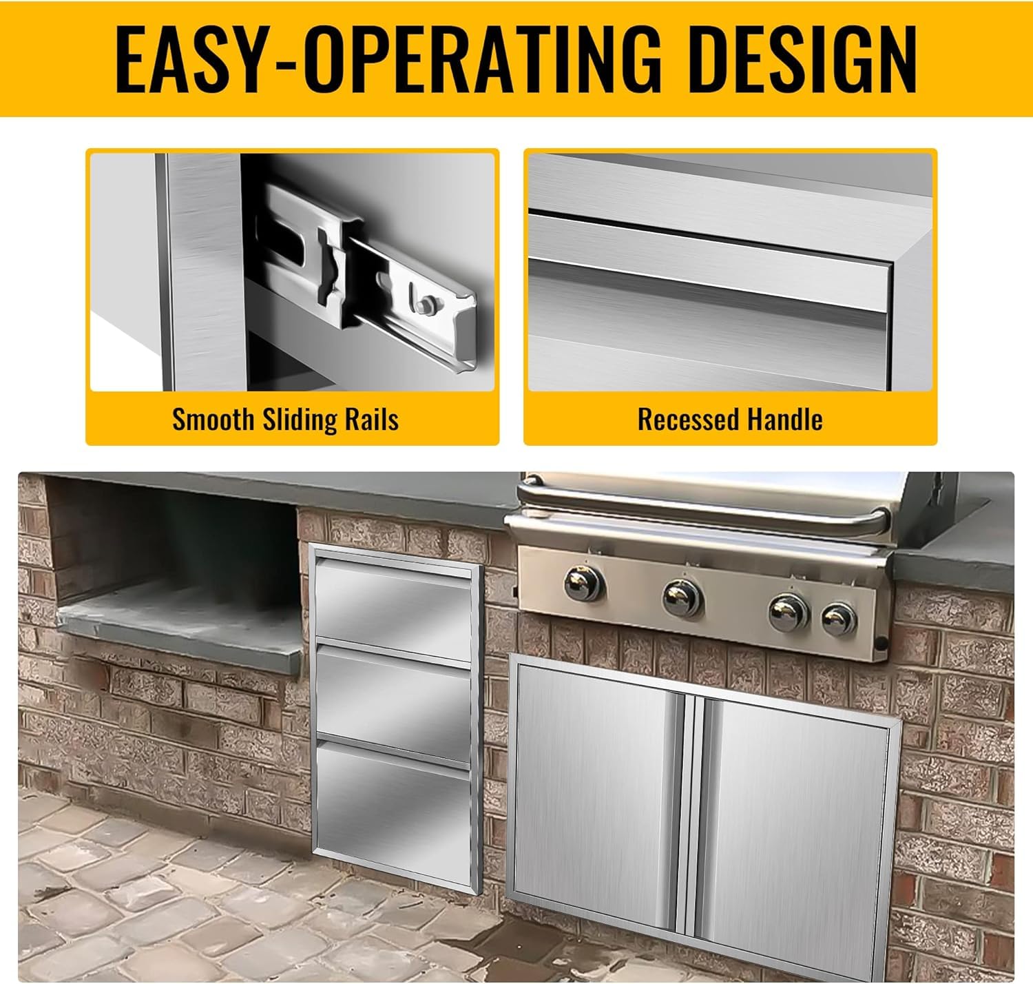 Stainless Steel Outdoor Kitchen BBQ Island Drawers - Flush Mount Triple Access, 17W x 30H x 21D Inch