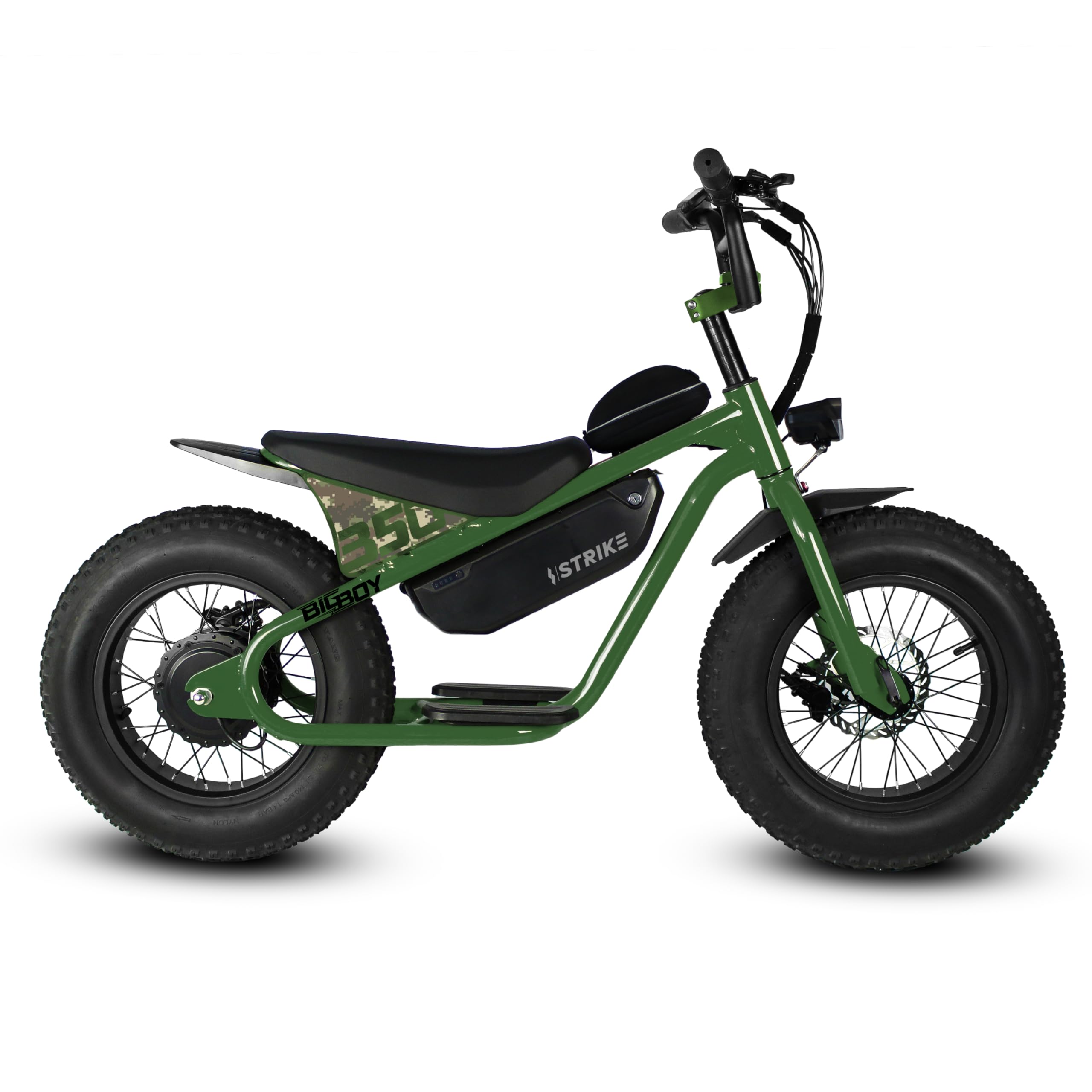 Golden Cycles Strike 16 inch Big Boy E-Bike in Army Green color, showing the full side profile.