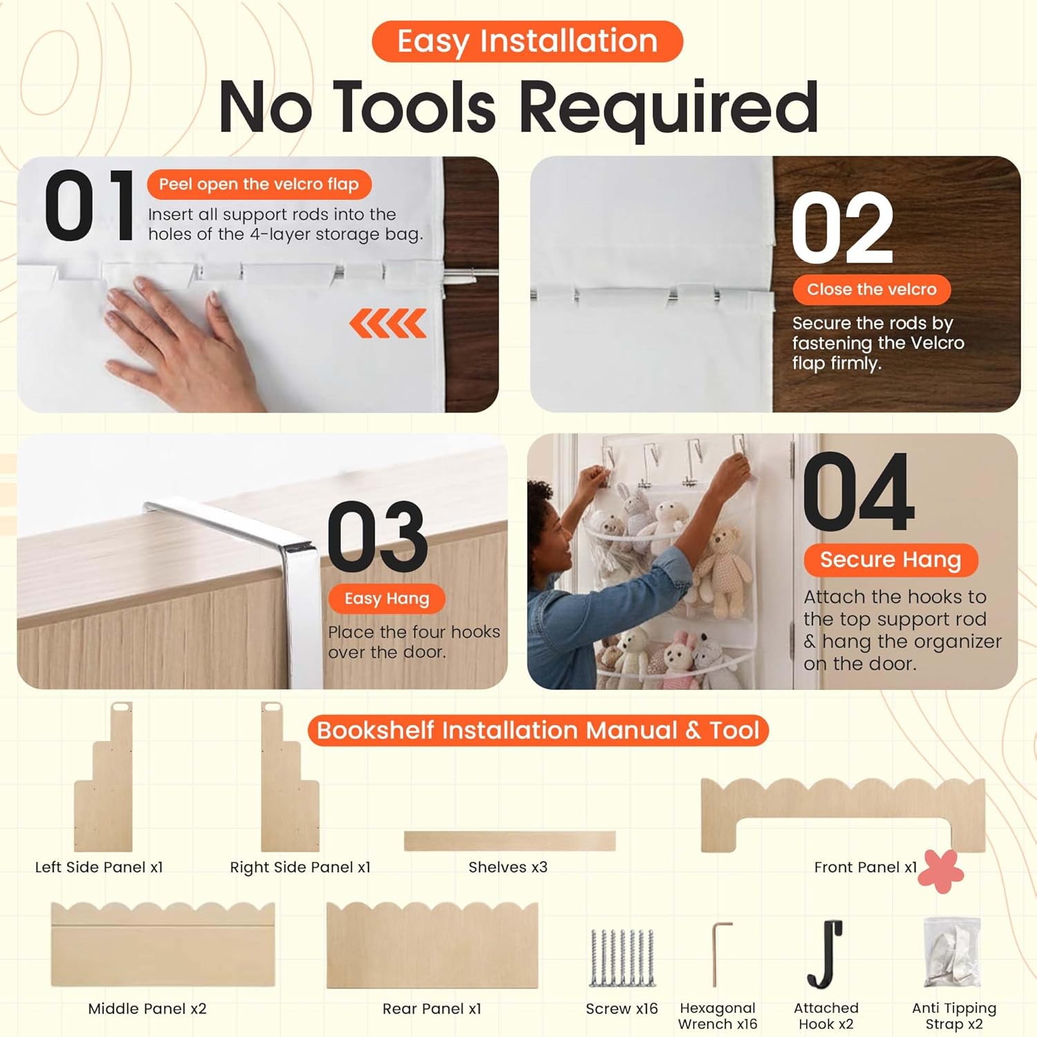 Scalloped Book Shelf Nursery: Kids Wood Bookshelf 3-Tier & Arched Baby Bookcase with Over the Door Stuffed Animal Organizer - Perfect for Nursery, Playroom, or Classroom with Easy Access!