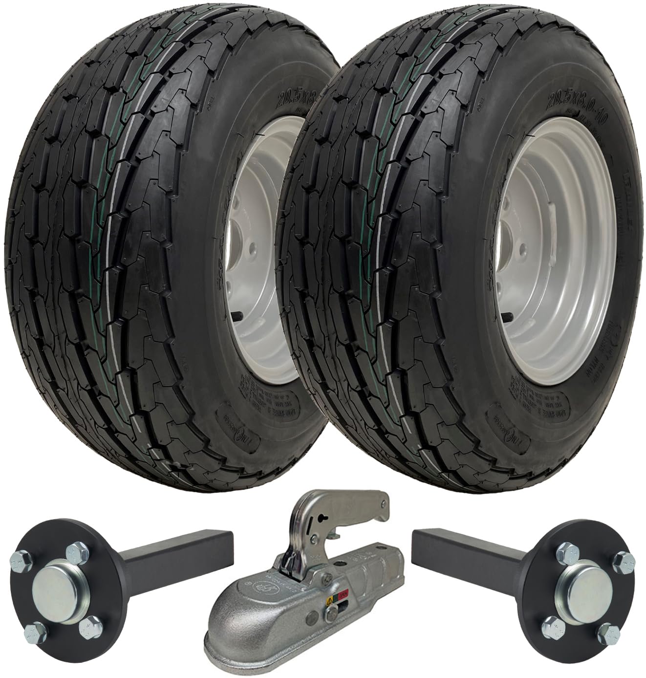 Parnells - Kit de Remolque de Alta Velocidad - 2 Neumáticos de Remolque 20,5x8,00-10 y Llanta de Rueda 6,00x10 4/100 + 2 Cubos y Manguetas + 1 Enganche de Acero Prensado - 750 kg, E-Marked Road Legal