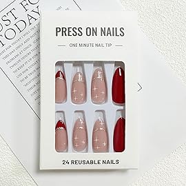 Red Press on Nails Medium Almond Fake Nails with Designs French Tip False Nails Press ons Christmas Glossy Full Cover Glue on Nails Acrylic Artificial Stick on Nail for Women Manicure 24Pcs