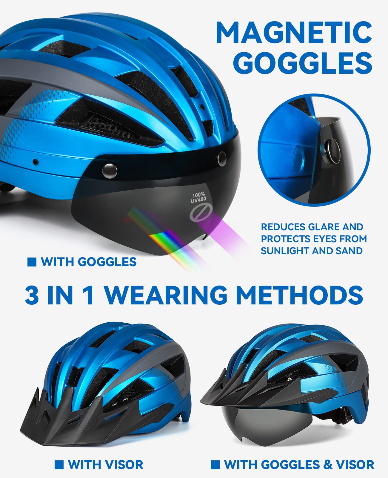 Kask rowerowy męski i damski, lekki kask rowerowy z magnetycznym wizjerem i ładowaniem przez USB, stylowy kask górski 57-61 cm, biało-czarny (M: 54-58 cm, Niebiesko szary)