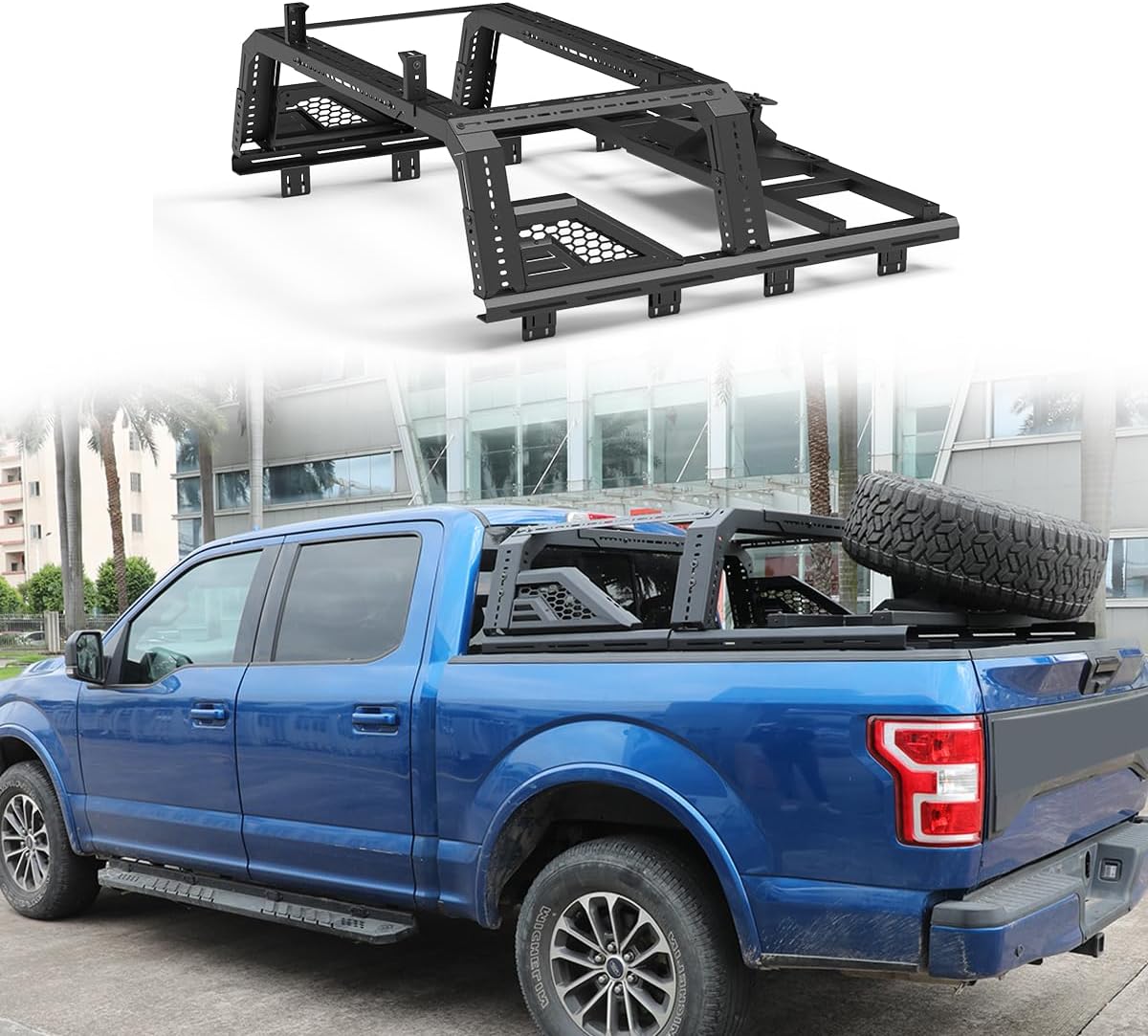 CPW Full-Size Pickup Truck Roll Bar, Adjustable Sport Chase Rack Roll Bar Fit For Chevy Silverado/GMC Sierra/Tundra/Ford/Dodge Ram/Nissan, Overland Bed Rack w/Spare Tyre Carrier (Roll Bar-Front & Mid)