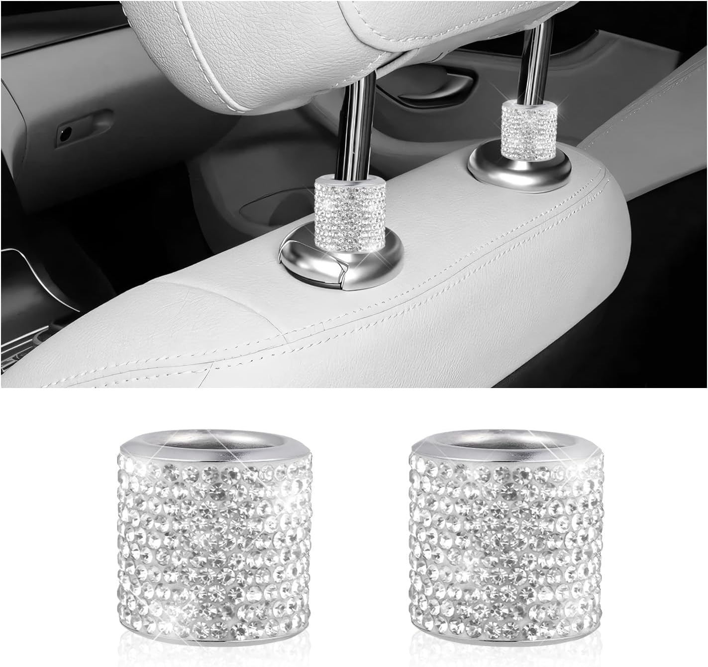 2 PCS Car Headrest Collars, Sparkling Rhinestones Auto Head Rest Collars Seat Decorative Rings, Bling Headrest Collar Charms Stylish Interior Accessories for Car Truck SUV (White)