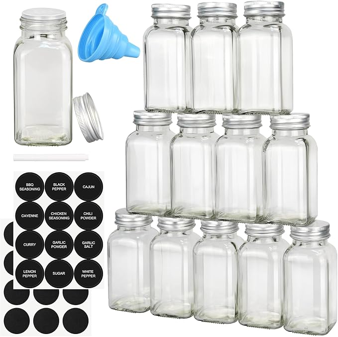 DkOvn 36pcs Glass Spice Jars, 4oz Empty Spice Jars with Metal Caps, Labels, Shaker Lids, Collapsible Funnel, Chalk Pen, Seasoning Organizer for Spice Rack