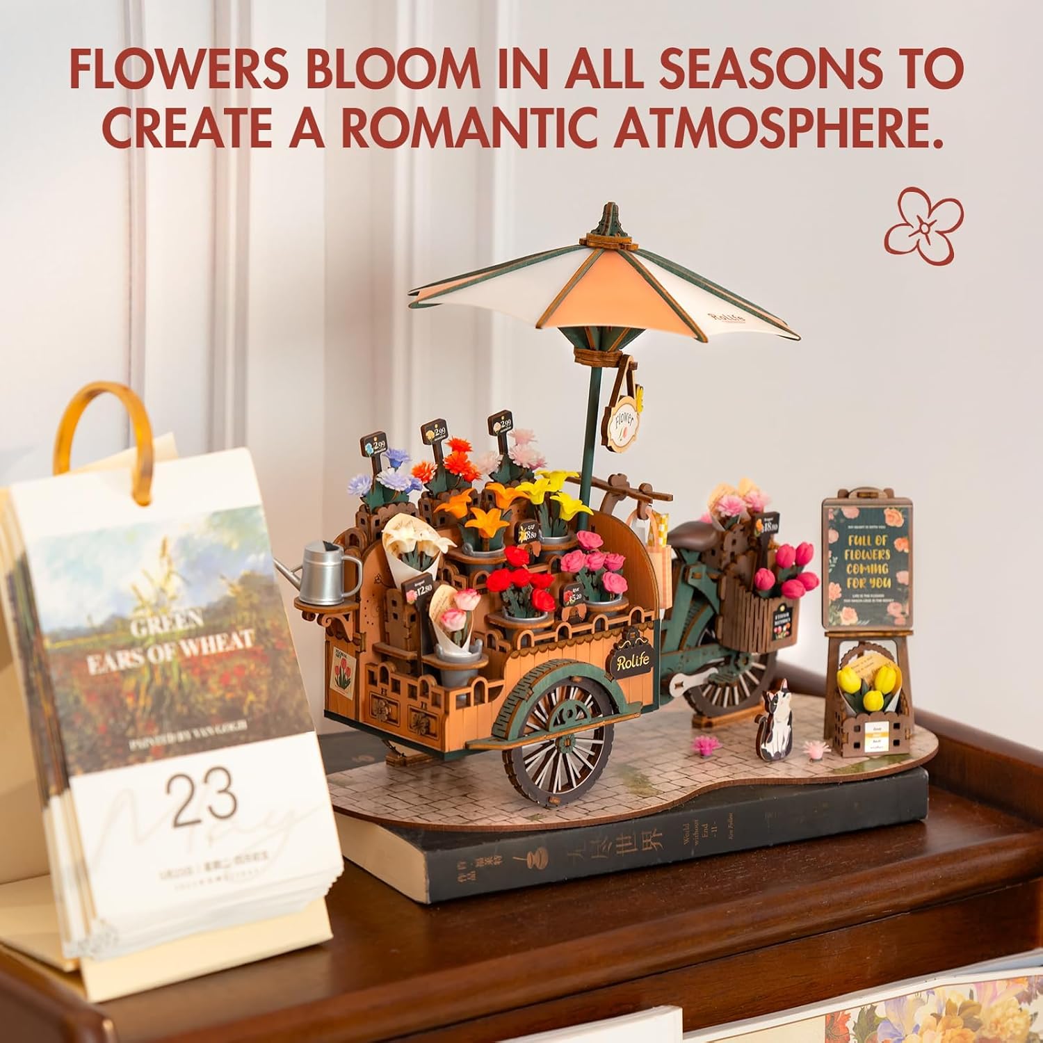 Rolife Miniature 3D Wooden Flower Cart Puzzle for Adults, Model Building Kit, Collectible Handcraft Desk Decor, for Family