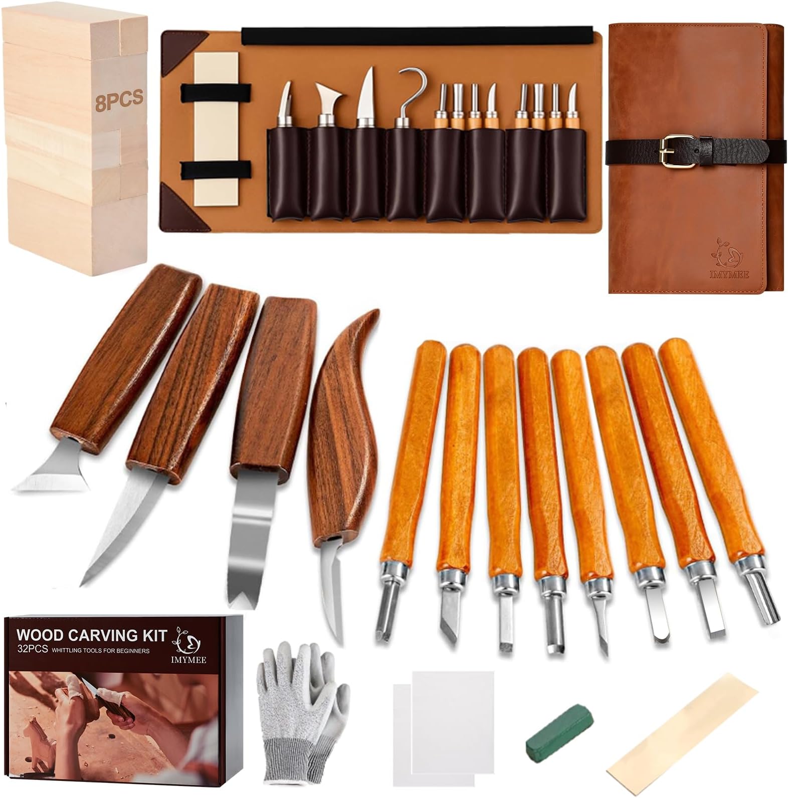 IMYMEE Deluxe Wood Carving Kit with Leather Case,Wood Carving Tools Set with Wood Carving Knife,Detail Knives,Basswood Blocks,Gloves,Strop Block,Polishing Compound for Whittling Kit Hobbies for Adults