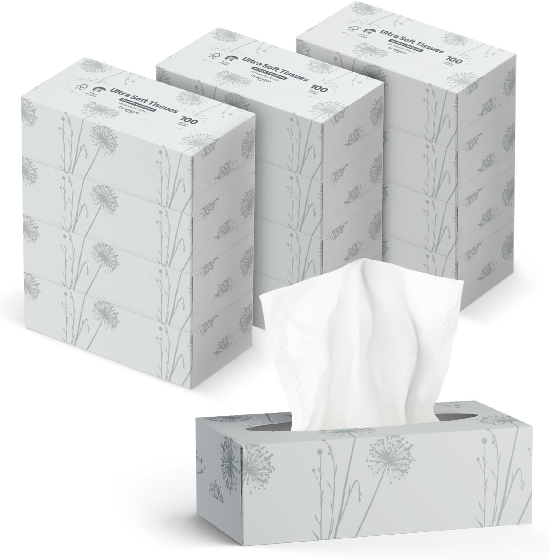by Amazon 4-Ply Facial Tissues, 1200 Sheets (12 Packs of 100 Sheets)