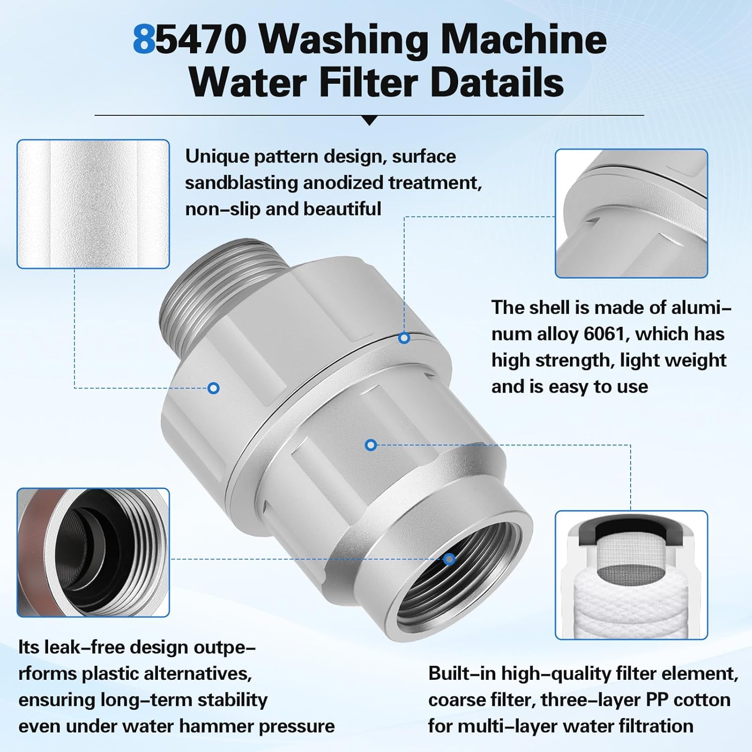 Upgraded 85470 Washing Machine Water Filter(with Replacement Filter),Micron Down Sediment Filter,85470 inline Filter Head Compatible with Most Standard Washers,Made of Aluminum Alloy