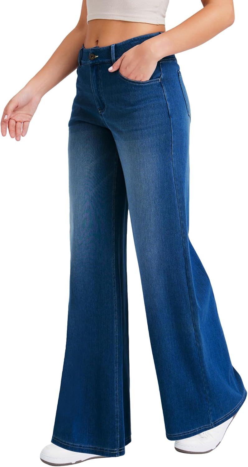 Wide Leg Jeans for Women with a Traditional Button and Zipper Placket Design,Straight Cut,High Elasticity Denim Pants - Image 2