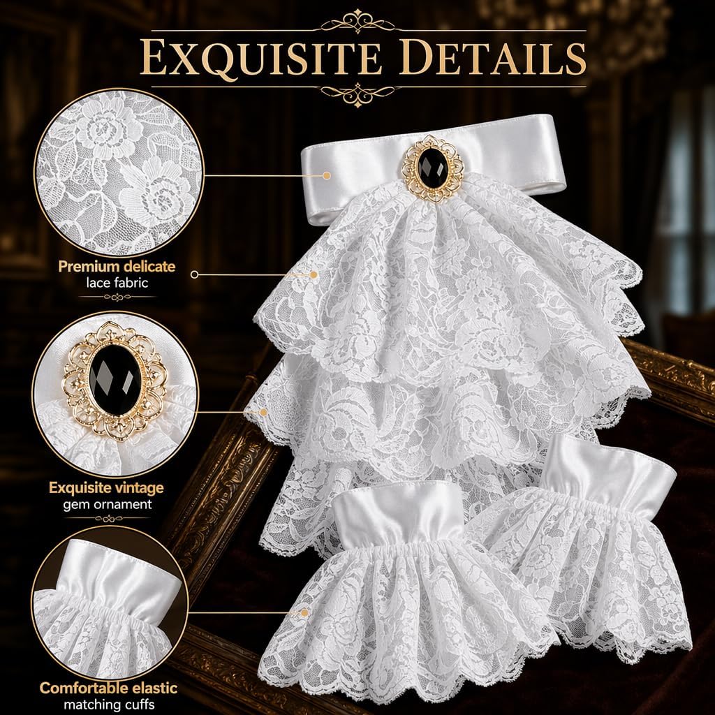 Jabot Lace Set with 2 Ruffle Cuffs, Colonial Costume Accessory