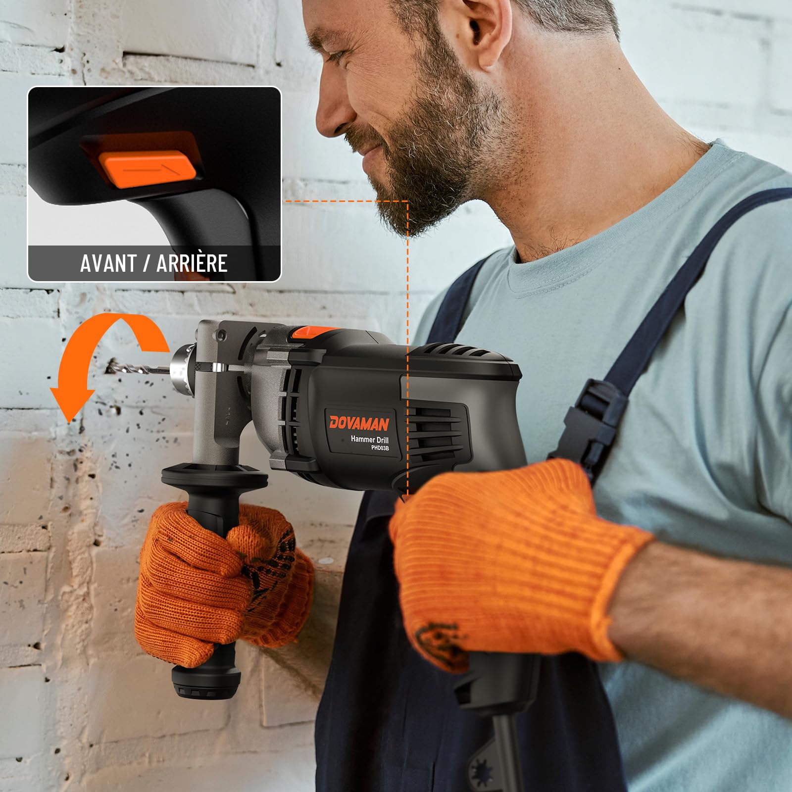 DOVAMAN Perceuse à Percussion 850W avec Mandrin Métallique 13mm – Perceuse Électrique avec Fil à Vitesse Variable 0–3000 tr/min – Pour Béton, Métal, Bois – Livrée avec Forets et Mallette