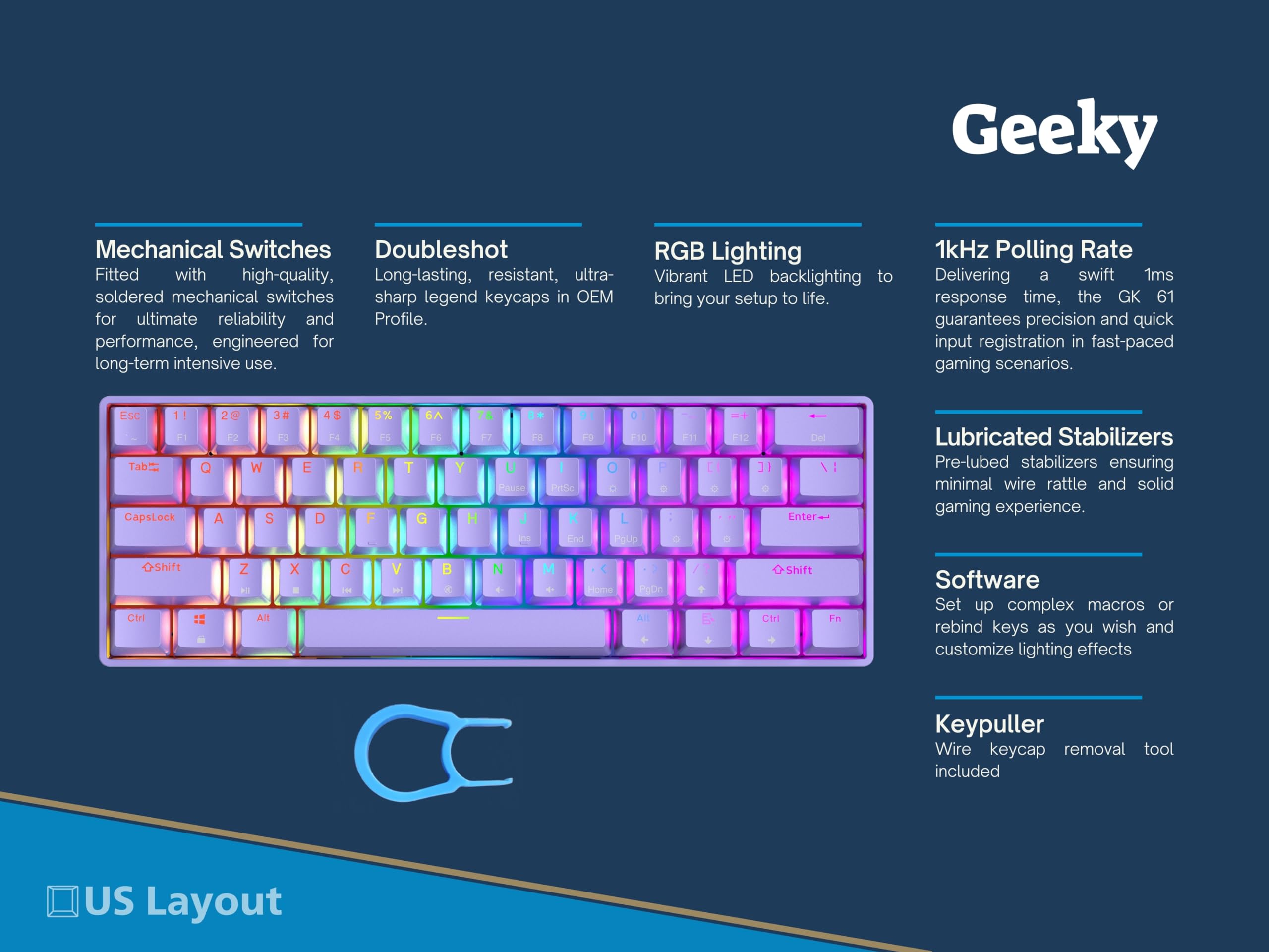 Geeky GK61 SE 60% | Mechanical Gaming Keyboard | 61 Keys Multi Color RGB LED Backlit for PC/Mac Gamer | ANSI US American Layout (Lavender, Mechanical Brown) — view 2