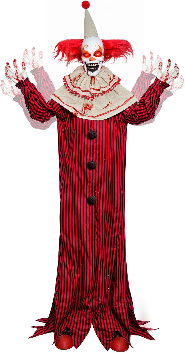 Presence 72" Halloween Decorations Outdoor - Standing Animatronic Clown with Red Light Up Eyes, Motion and Sound Activated Moving Arms and Head, Scary Clown Halloween Yard Patio House Decor